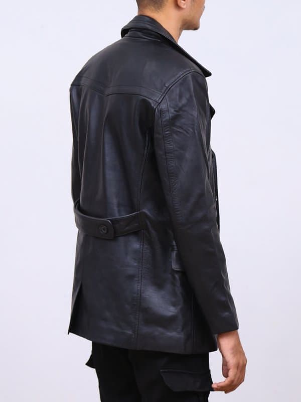 Dolf Black Leather Naval Peacoat thumbnail 3