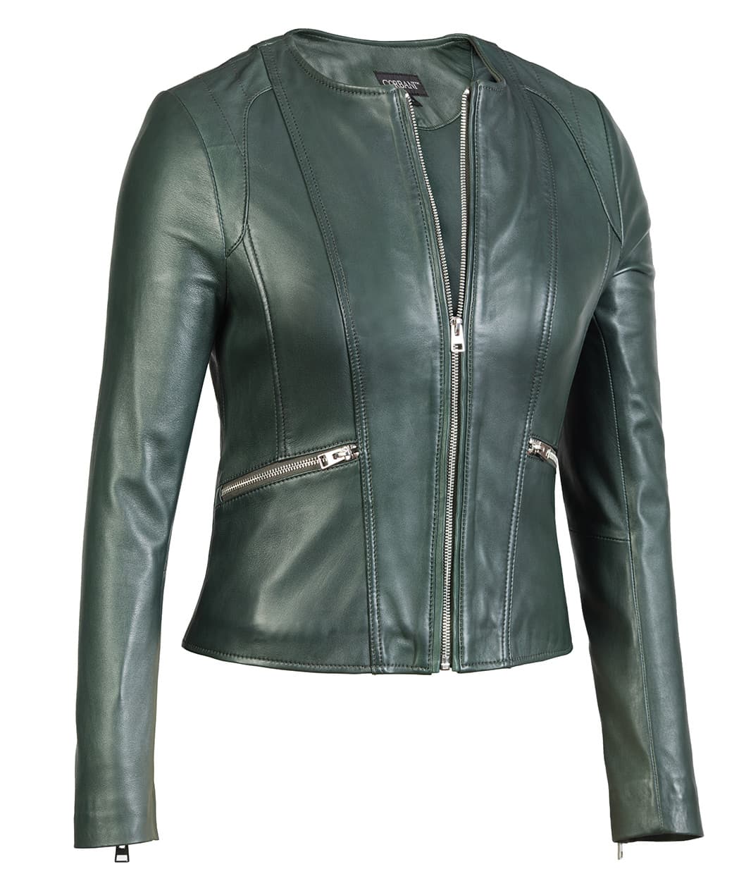 Womens Green Leather Jacket Collarless Round Neck – Soft Lambskin