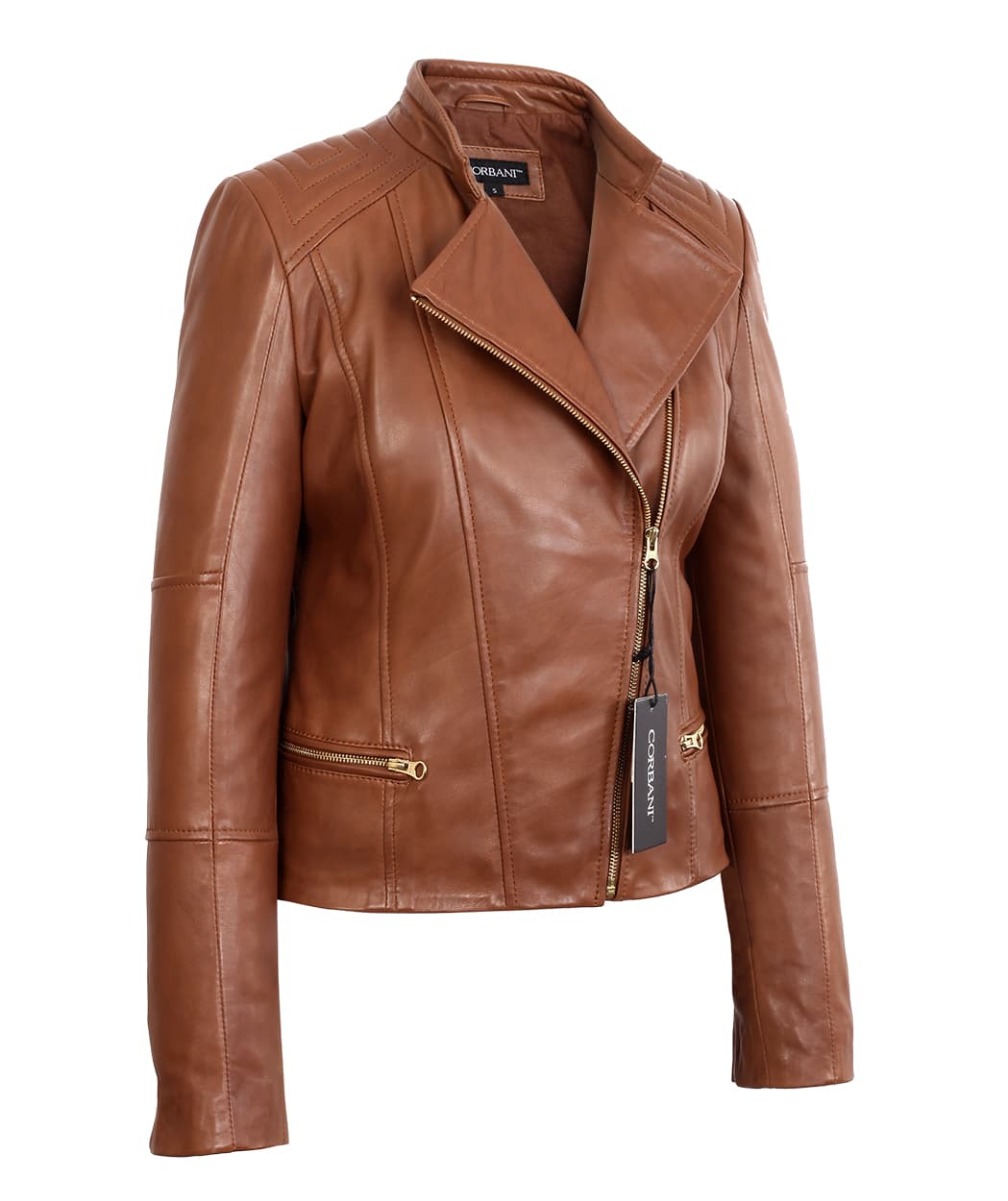 Womens Brown Asymmetrical Lambskin Real Leather Jacket Light Gold Hardware