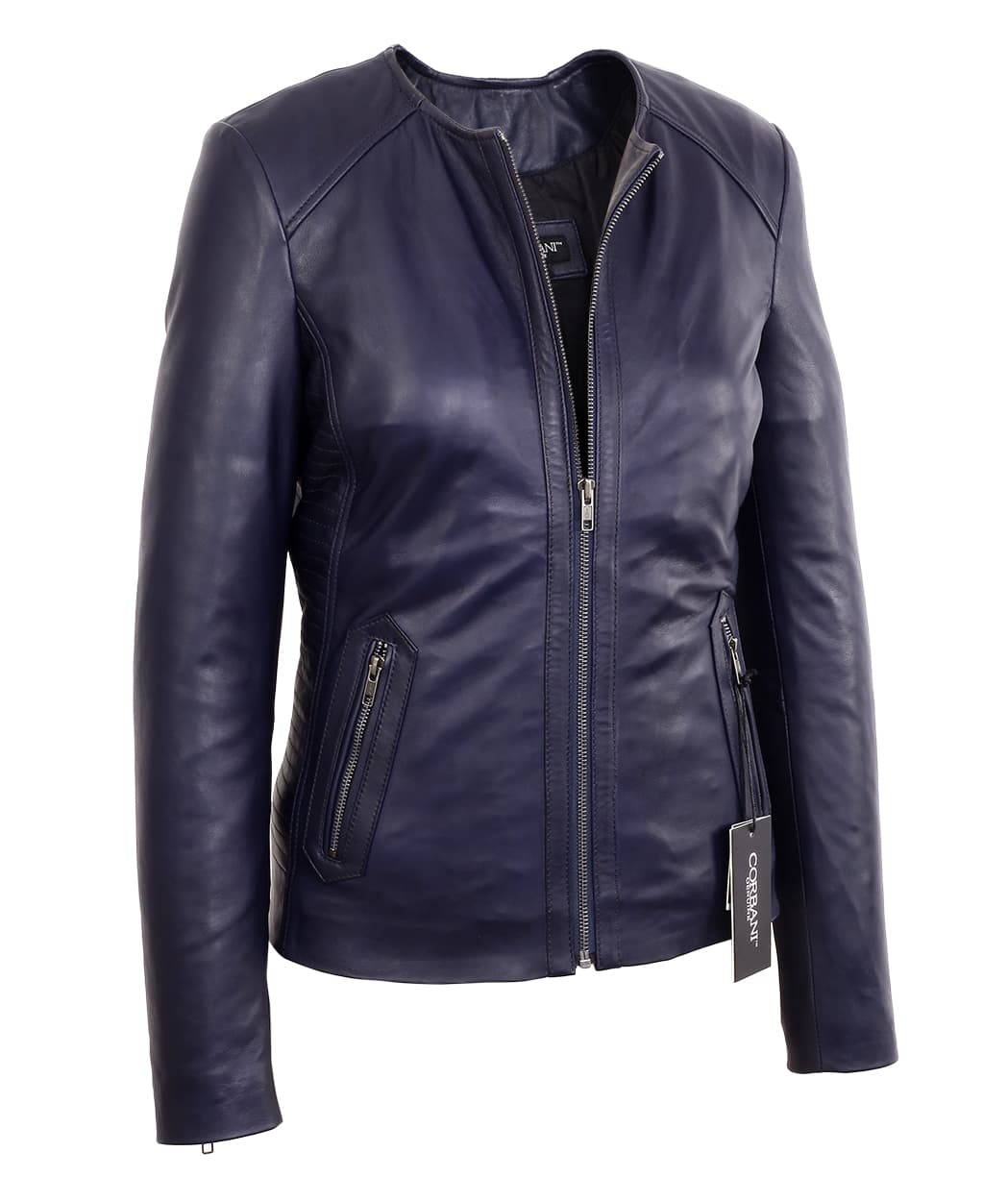 Womens Midnight Blue Collarless Lambskin Real Leather Jacket