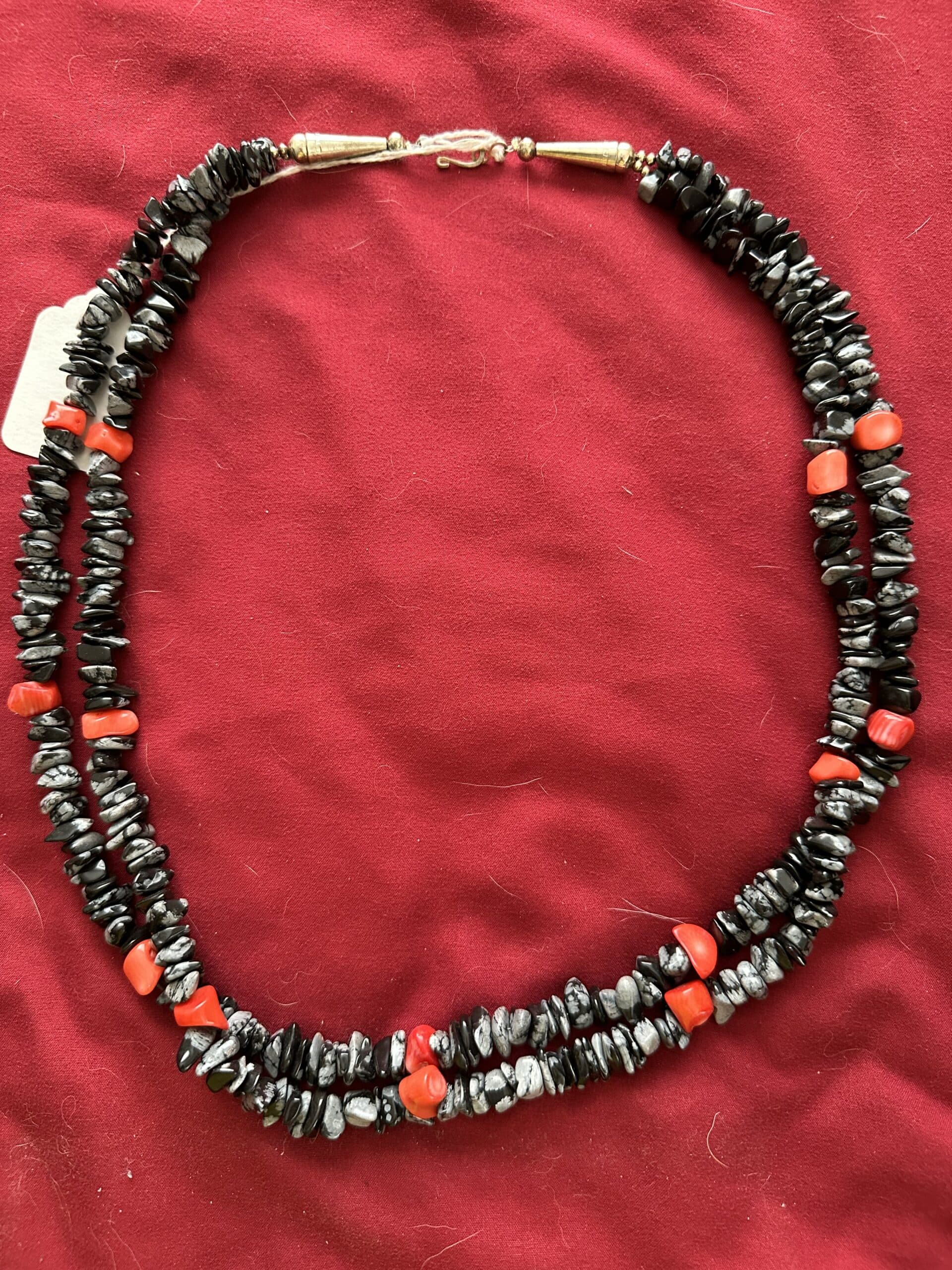 Necklace Two Strand Obsidian & Coral