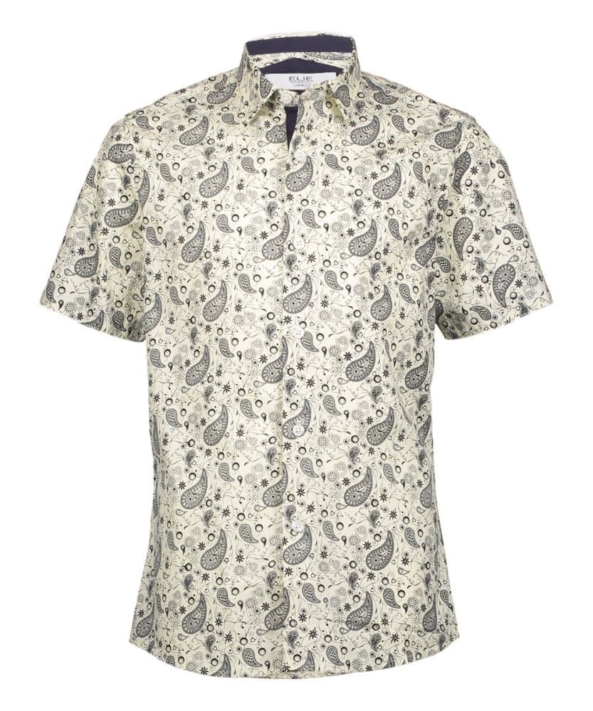 Elie Balleh Mens Slim Fit White Paisley Short Sleeve Button-Down Shirt