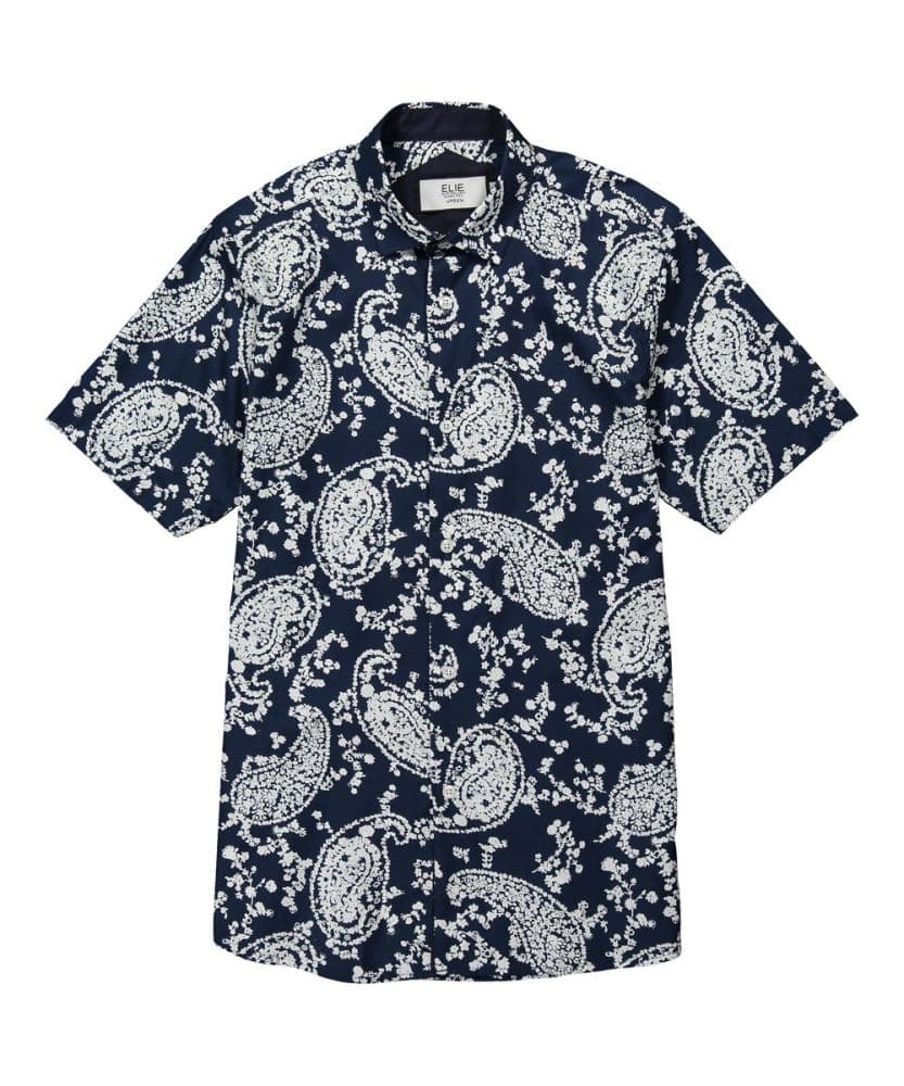 Elie Balleh Mens Slim Fit Navy Paisley Short Sleeve Button-Down Shirt