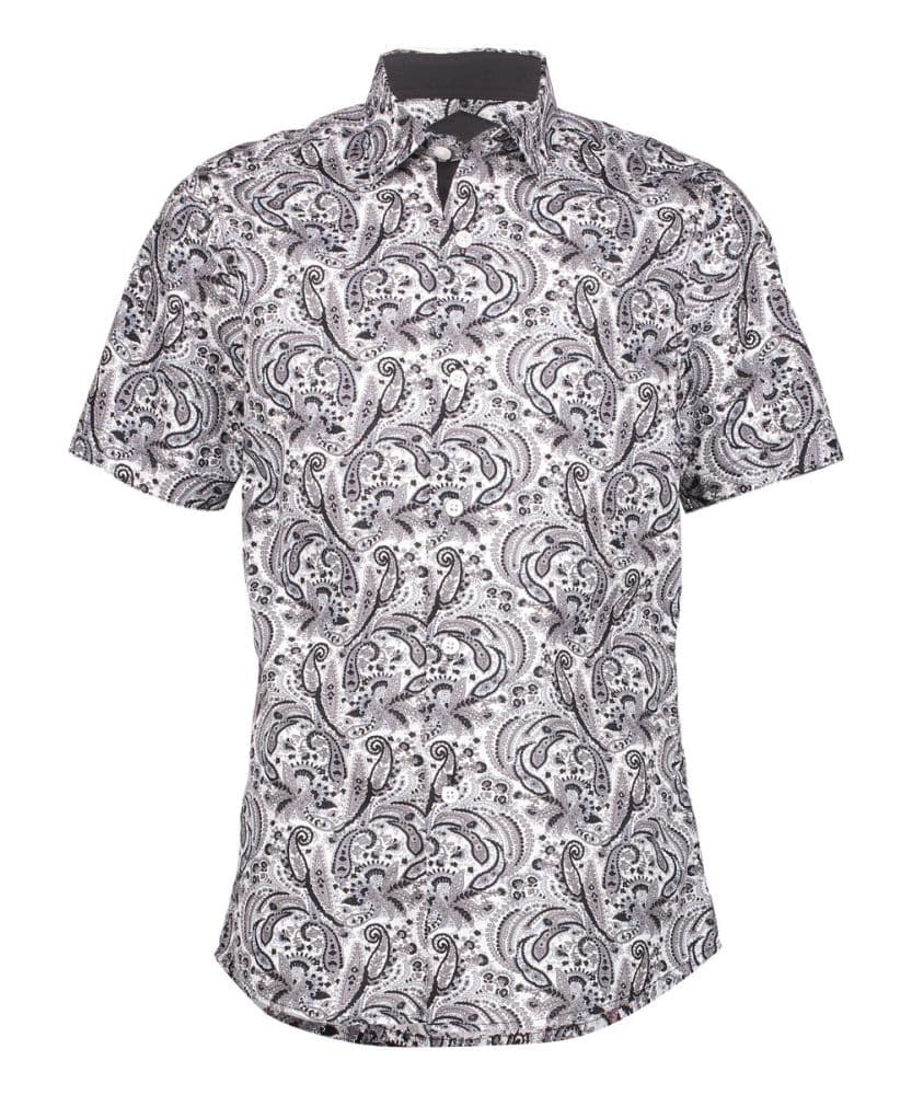Elie Balleh Mens Slim Fit Black Paisley Short Sleeve Button-Down Shirt