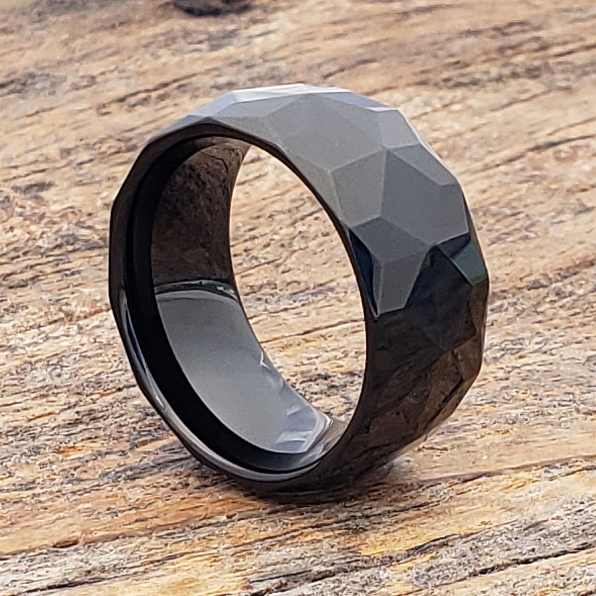 Pavo Black Mens Faceted Tungsten Rings