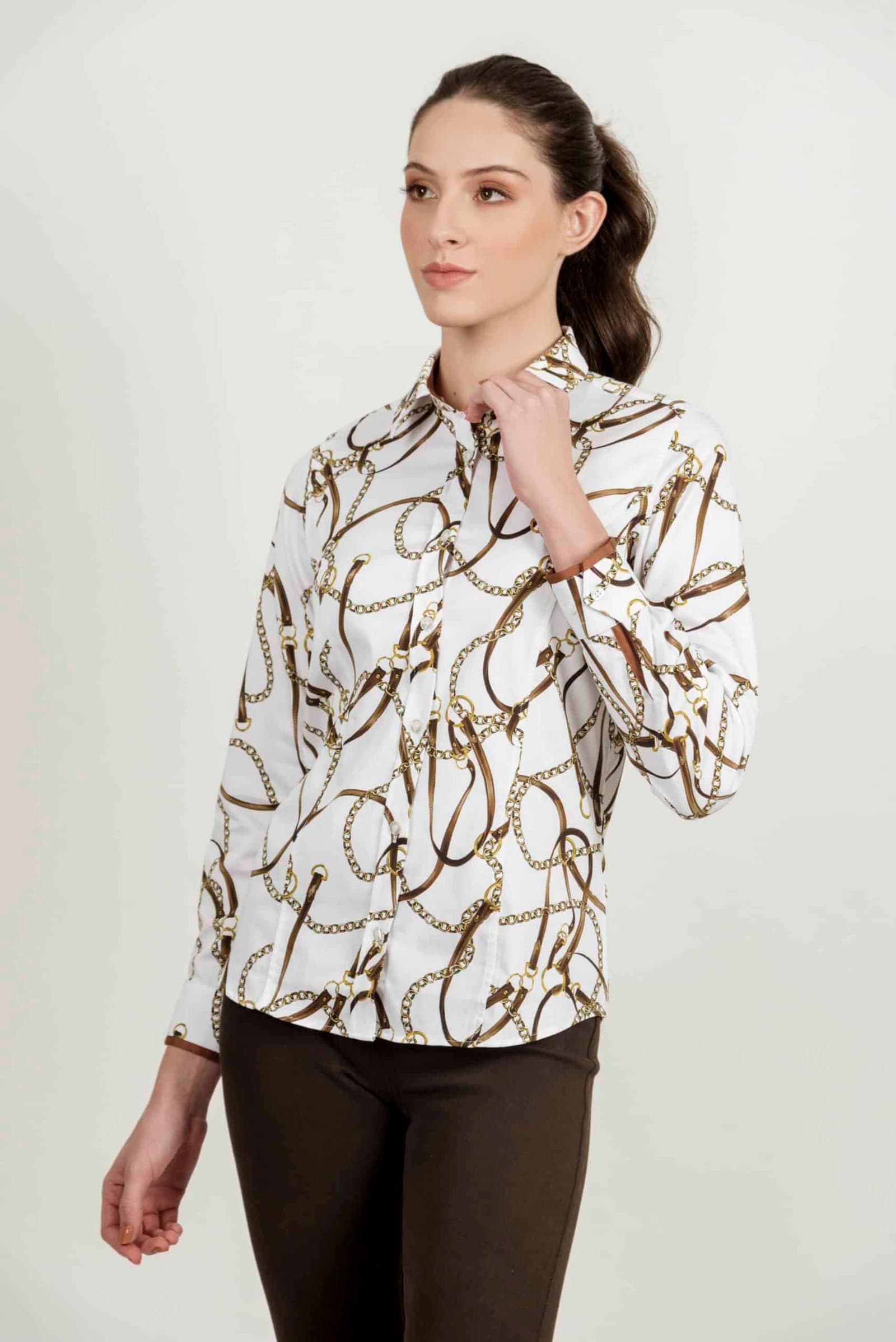 LAYLA White Chains luxury cotton satin shirt with LYCRA