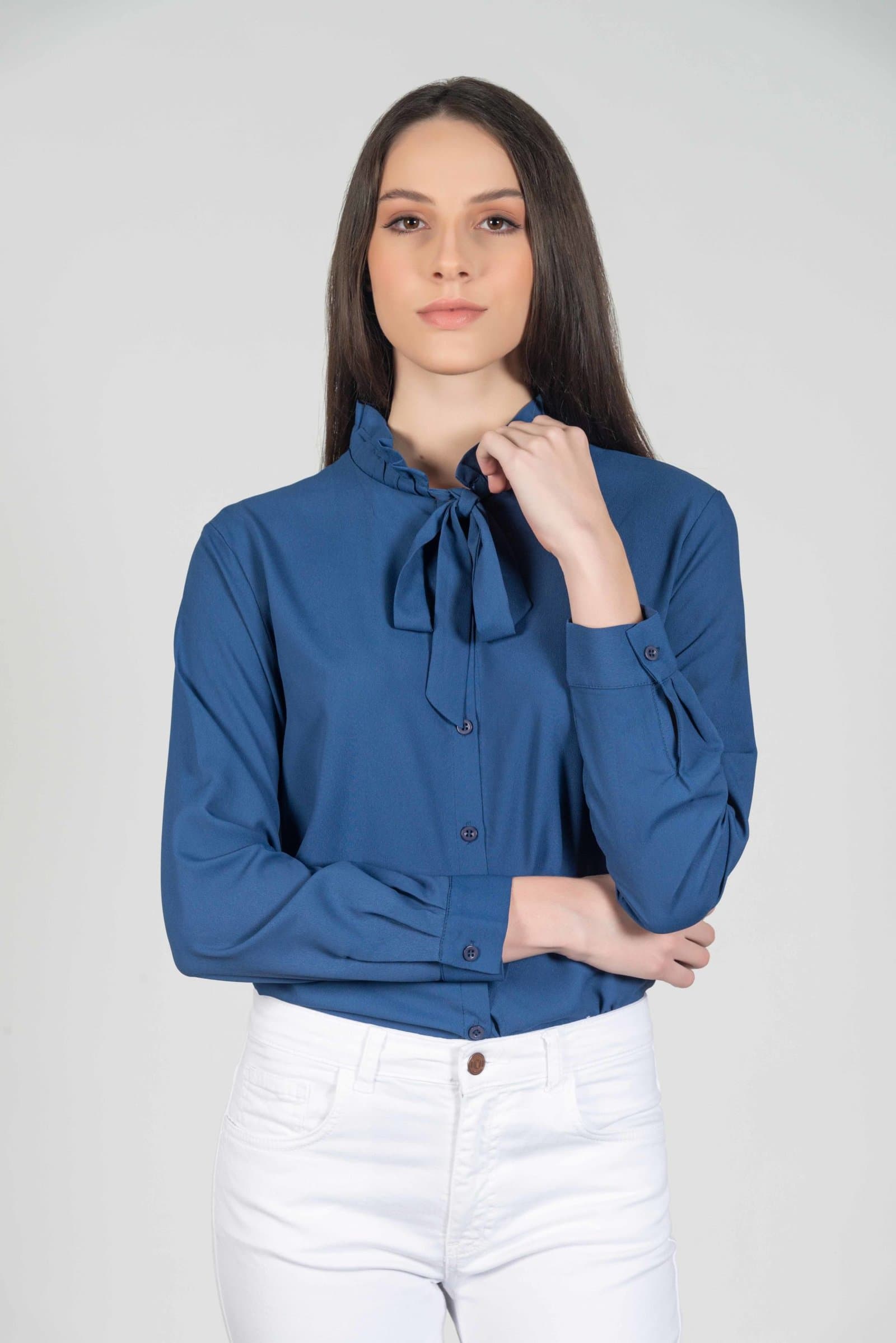 FRAN Navy frill neck tie blouse