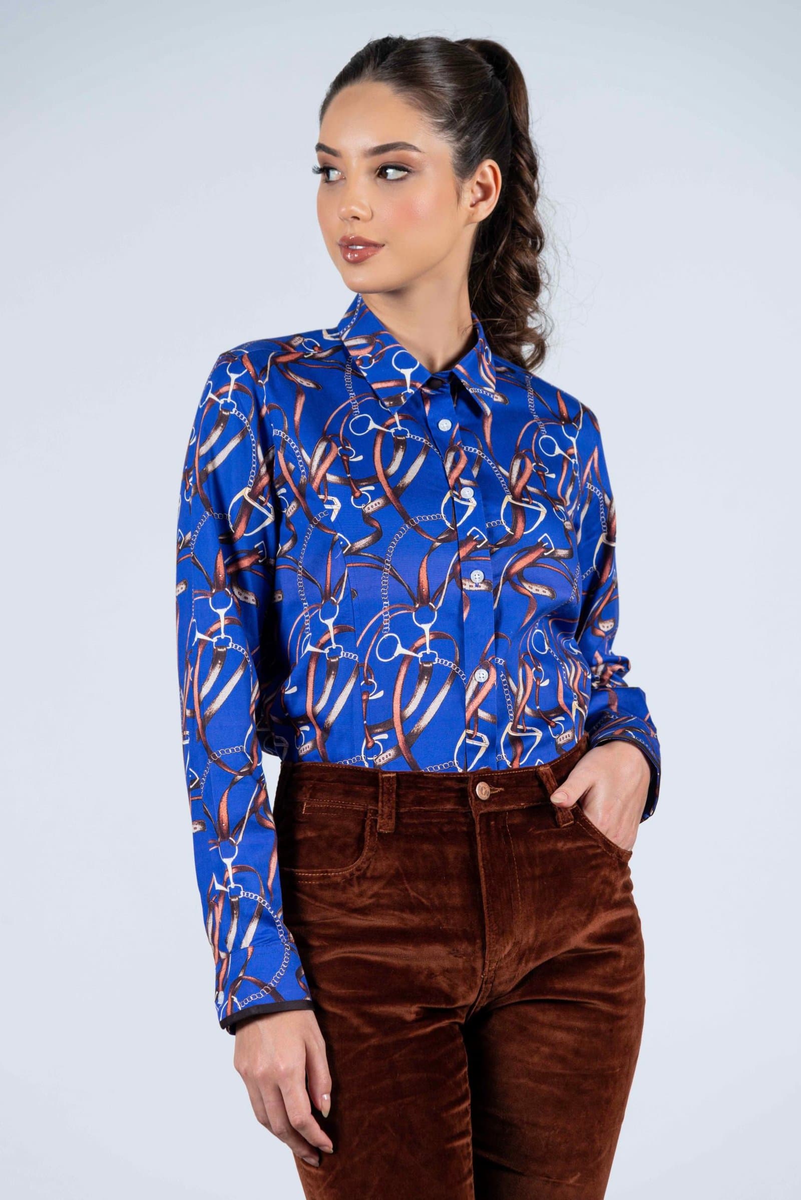 LAYLA Blue Snaffle luxury cotton satin shirt with LYCRA