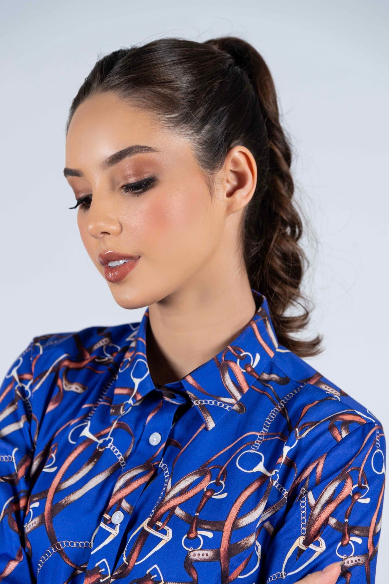 LAYLA Blue Snaffle luxury cotton satin shirt with LYCRA thumbnail 2