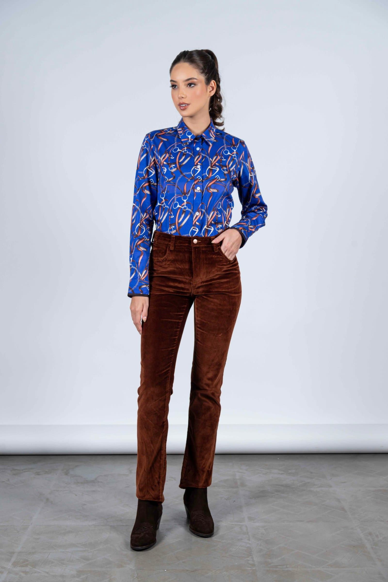 LAYLA Blue Snaffle luxury cotton satin shirt with LYCRA thumbnail 3