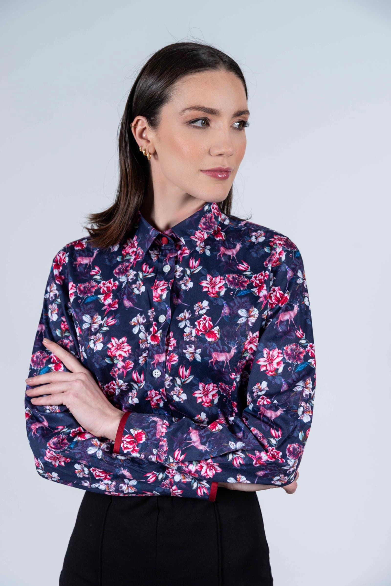 LAYLA Pink Orchids luxury cotton satin shirt with LYCRA