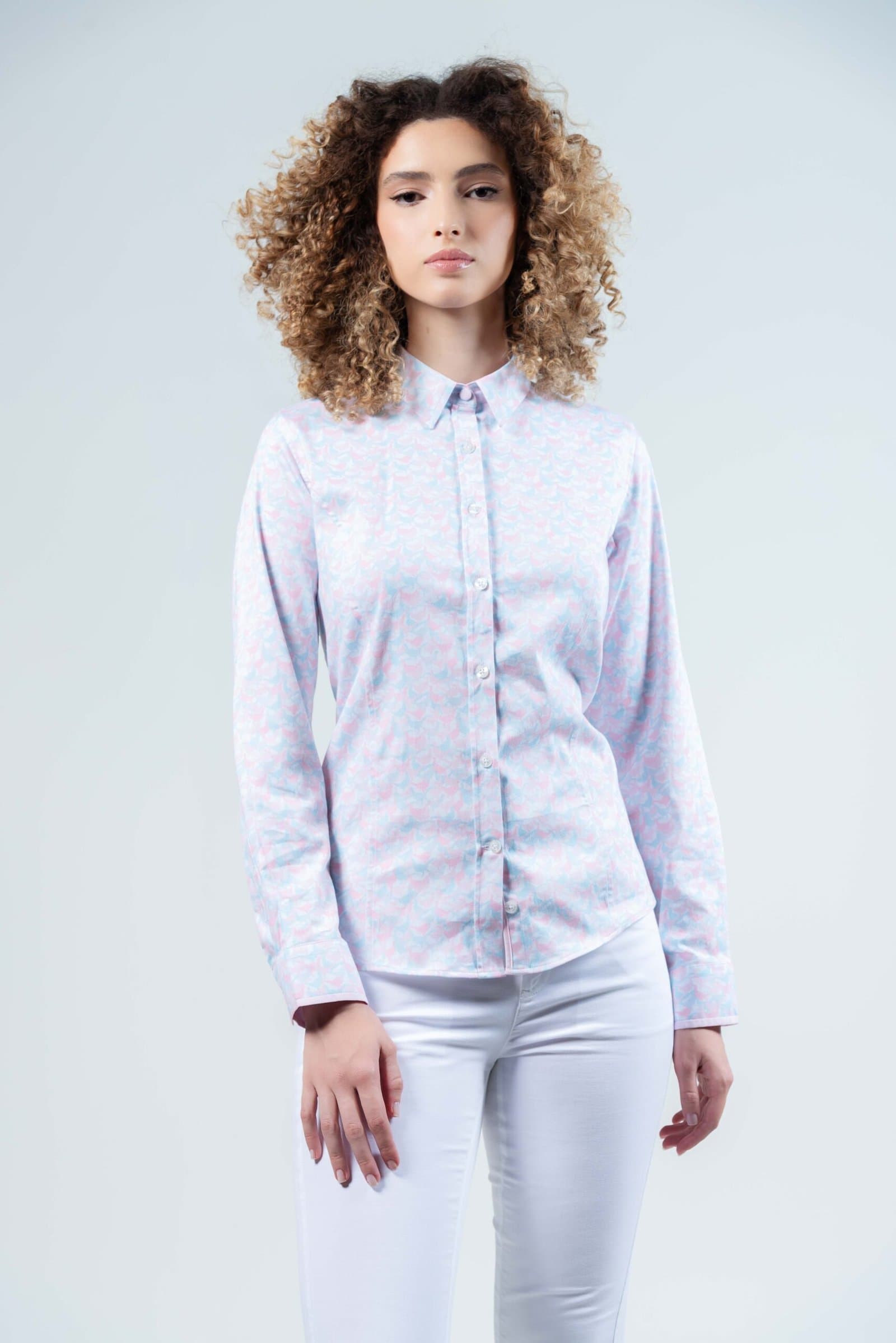 LAYLA Pink &amp; Blue Pheasants Camouflage luxury cotton sateen shirt with LYCRA