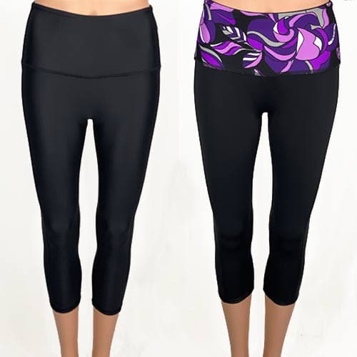 SALE! Solid Black with Purple Gardenia Rebecca Hi-Rise Reversible Capri XXS & XS