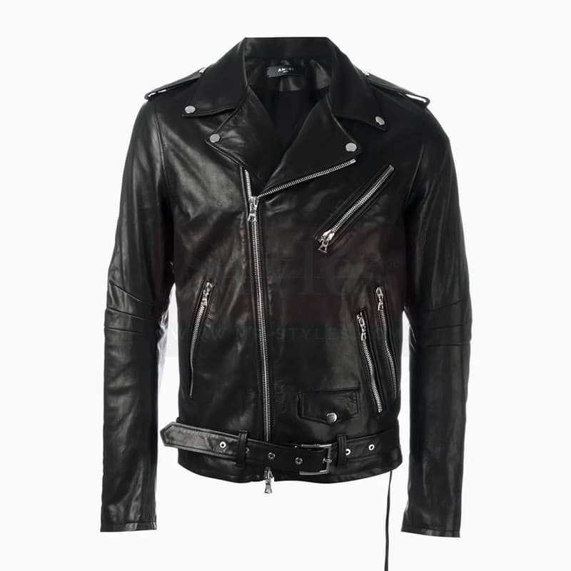 Special Vintage Leather Biker Jacket With Printed Sleeves