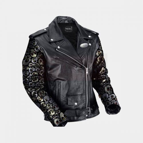 Black Leather Biker Jacket With Skull Printed Sleeves