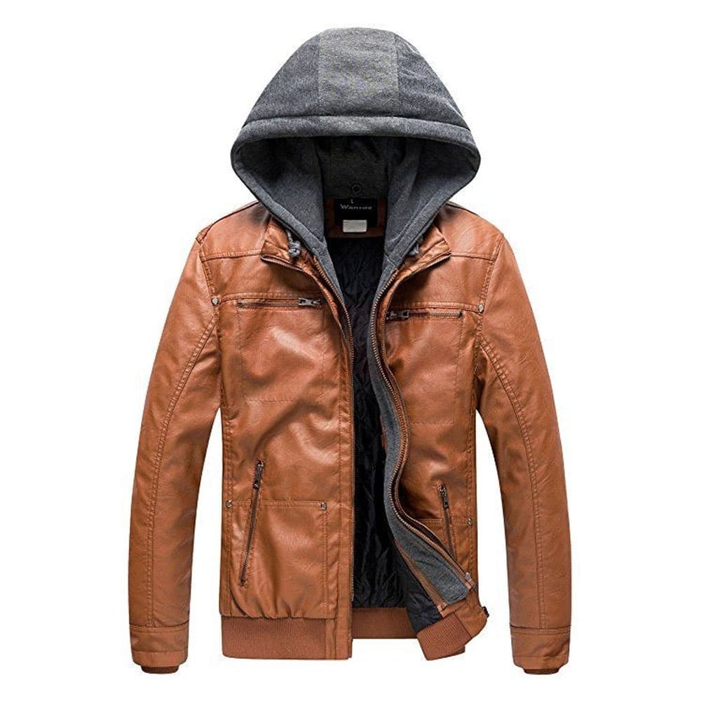 Removable Hood Brown Leather Jacket Men