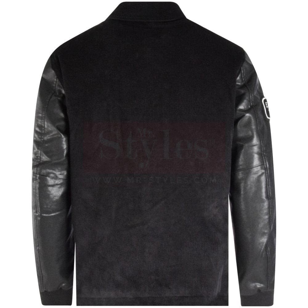 Onyx Black Collared Leather Varsity Jacket thumbnail 3