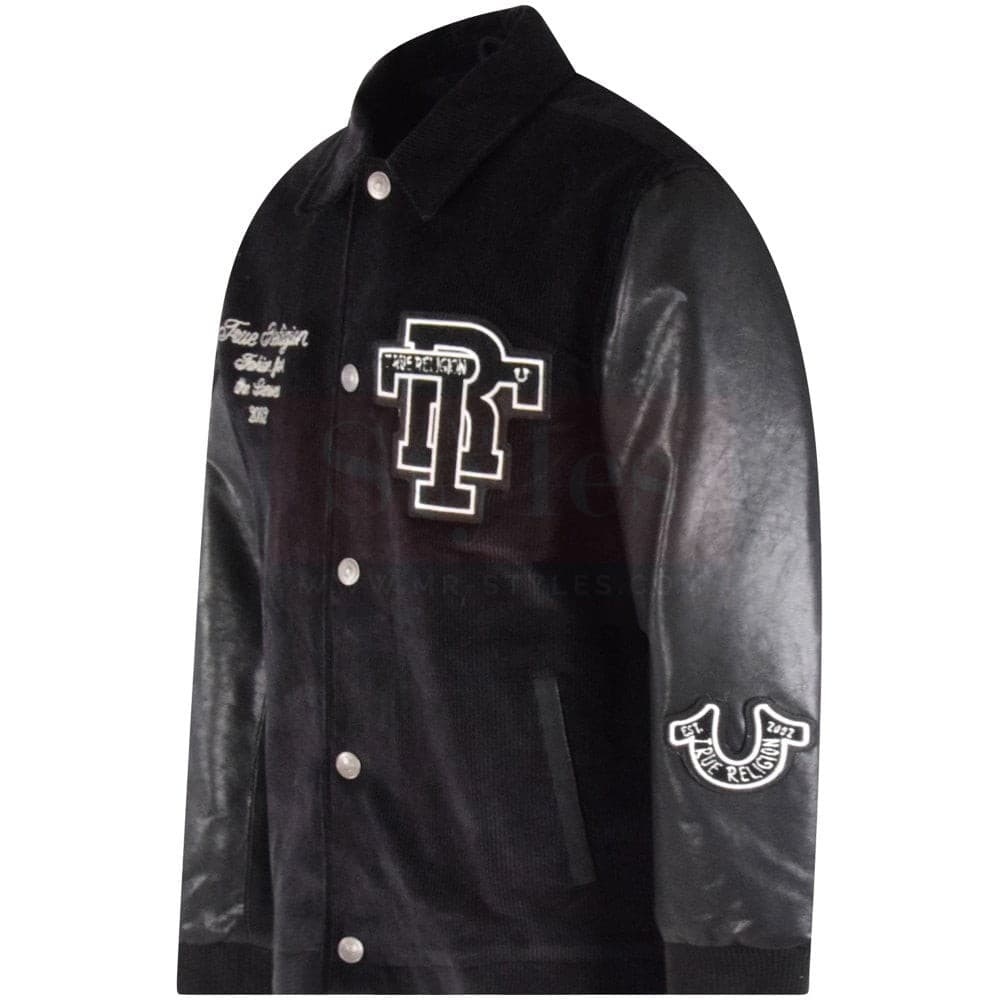 Onyx Black Collared Leather Varsity Jacket thumbnail 4