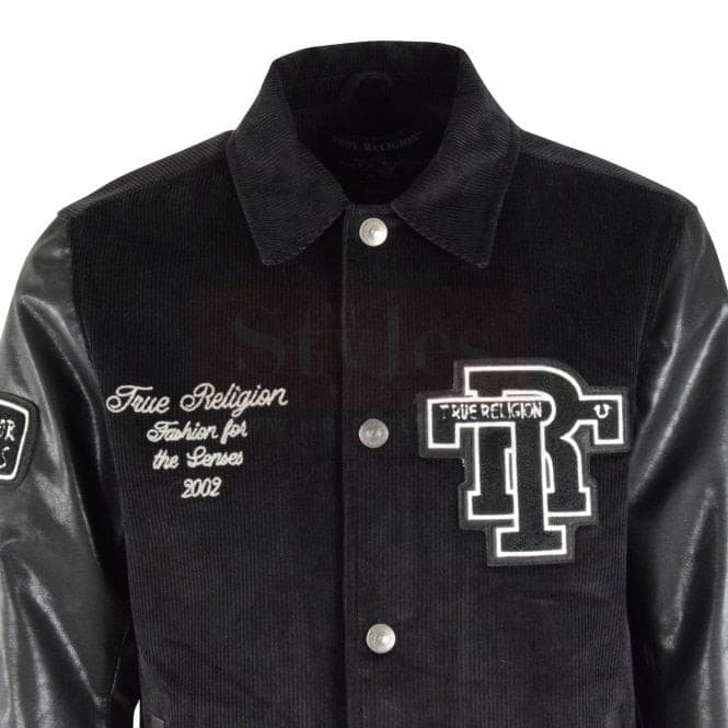 Onyx Black Collared Leather Varsity Jacket thumbnail 2
