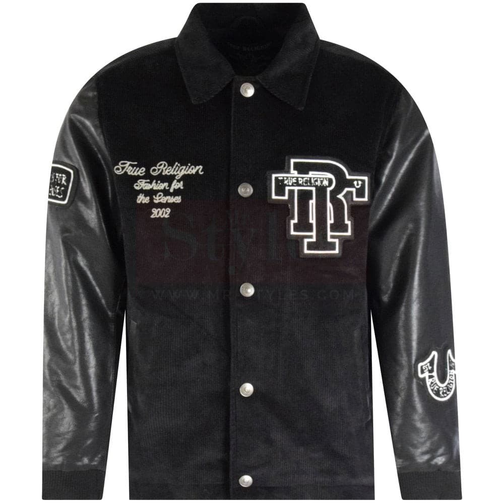 Onyx Black Collared Leather Varsity Jacket