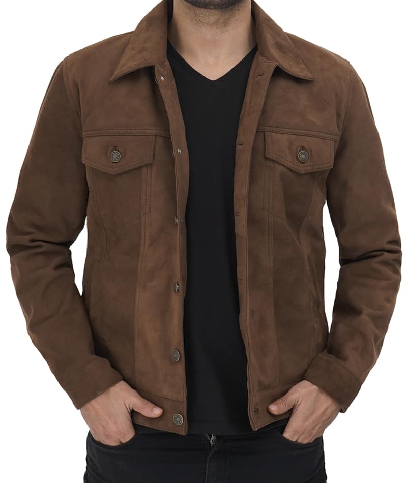 Gilbert Men Brown Suede Leather Trucker Jacket