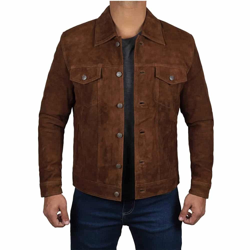 Dark Brown Trucker Shirt Collar Suede Jacket Mens