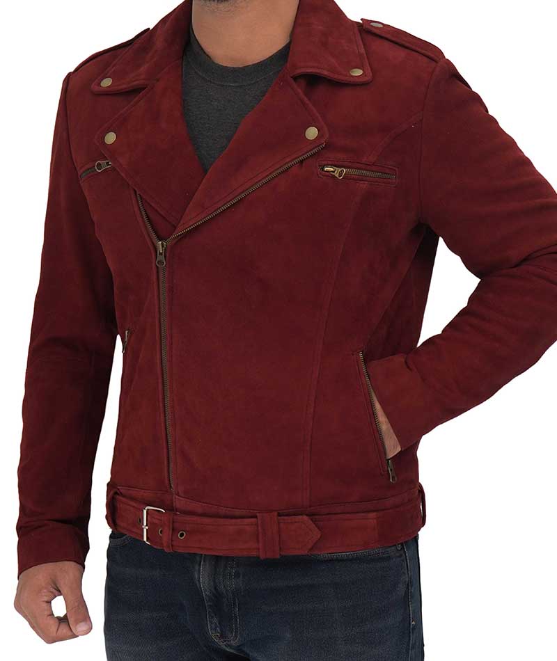 Sean Mens Suede Leather Biker Maroon Jacket For Men’s