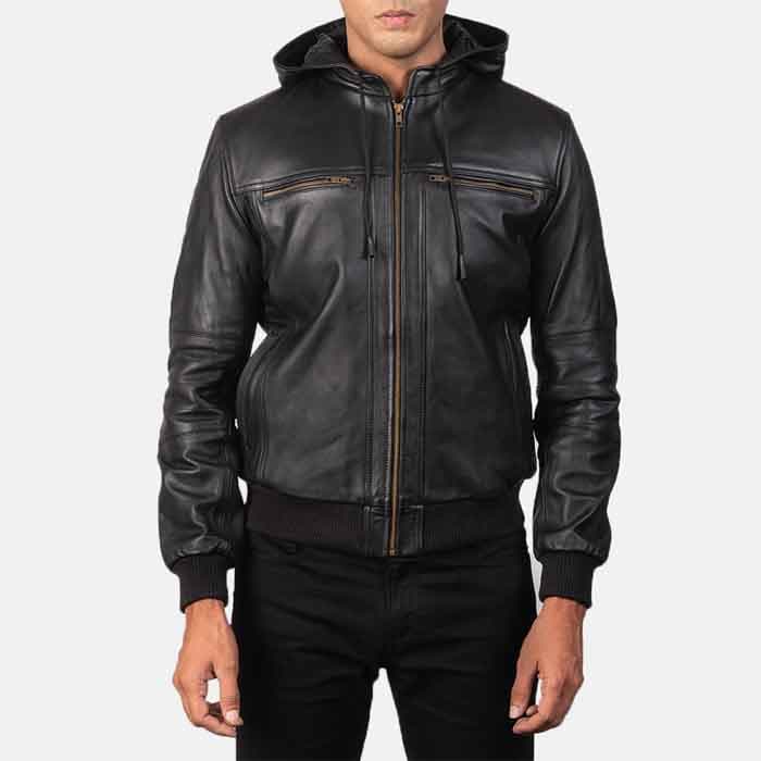 Bouncer Biz Black Leather Bomber Jacket For Men’s