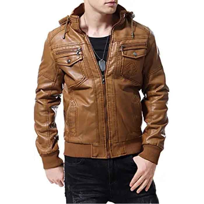 Men’s Brown Vintage Motorcycle Hooded Leather Jacket
