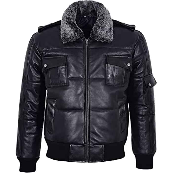 Men’s Black Fur Puffer Bomber Jacket