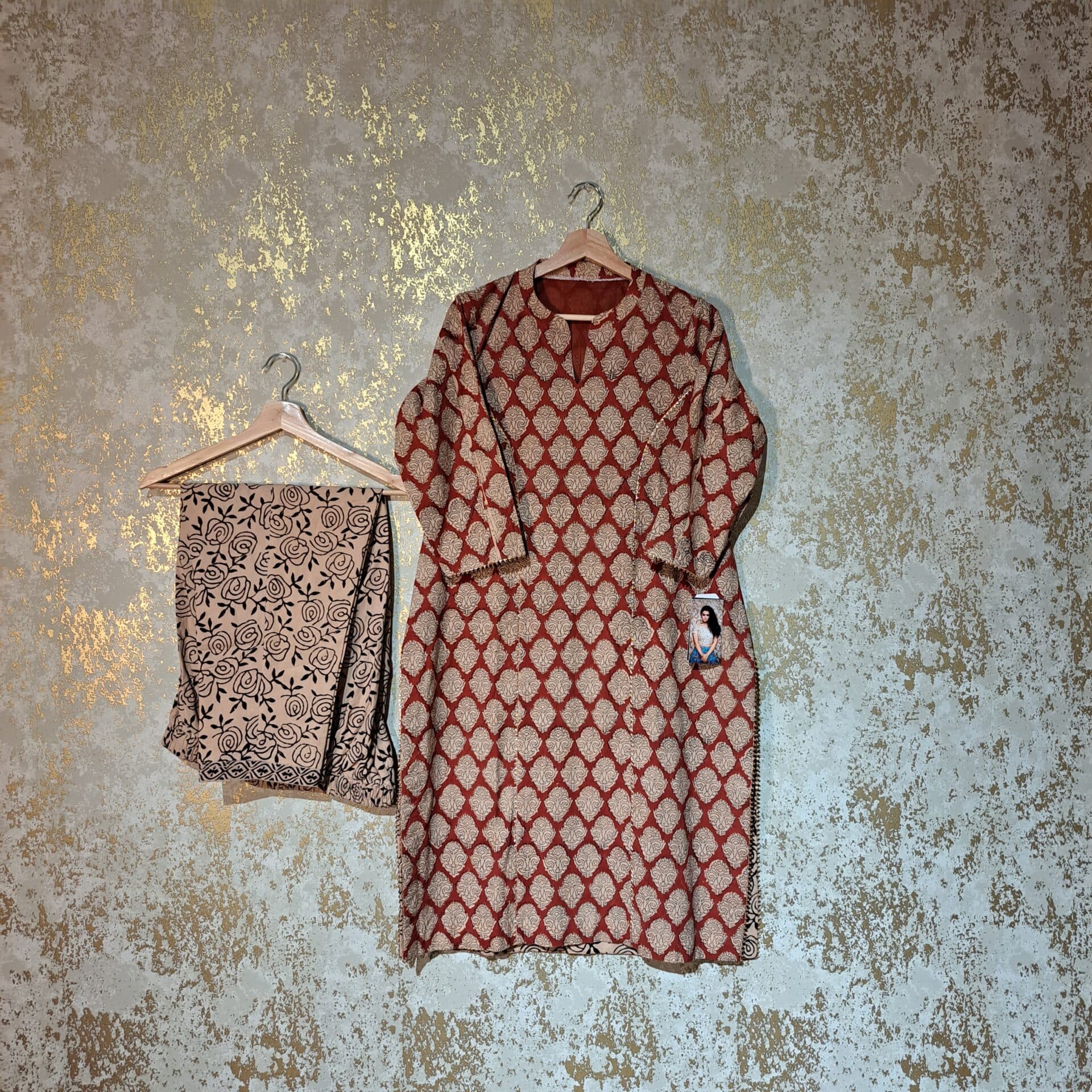 Designer Maroon Beige Floral Block Printed Pure Cotton Casual Trouser Suit with Dupatta Dresses thumbnail 2
