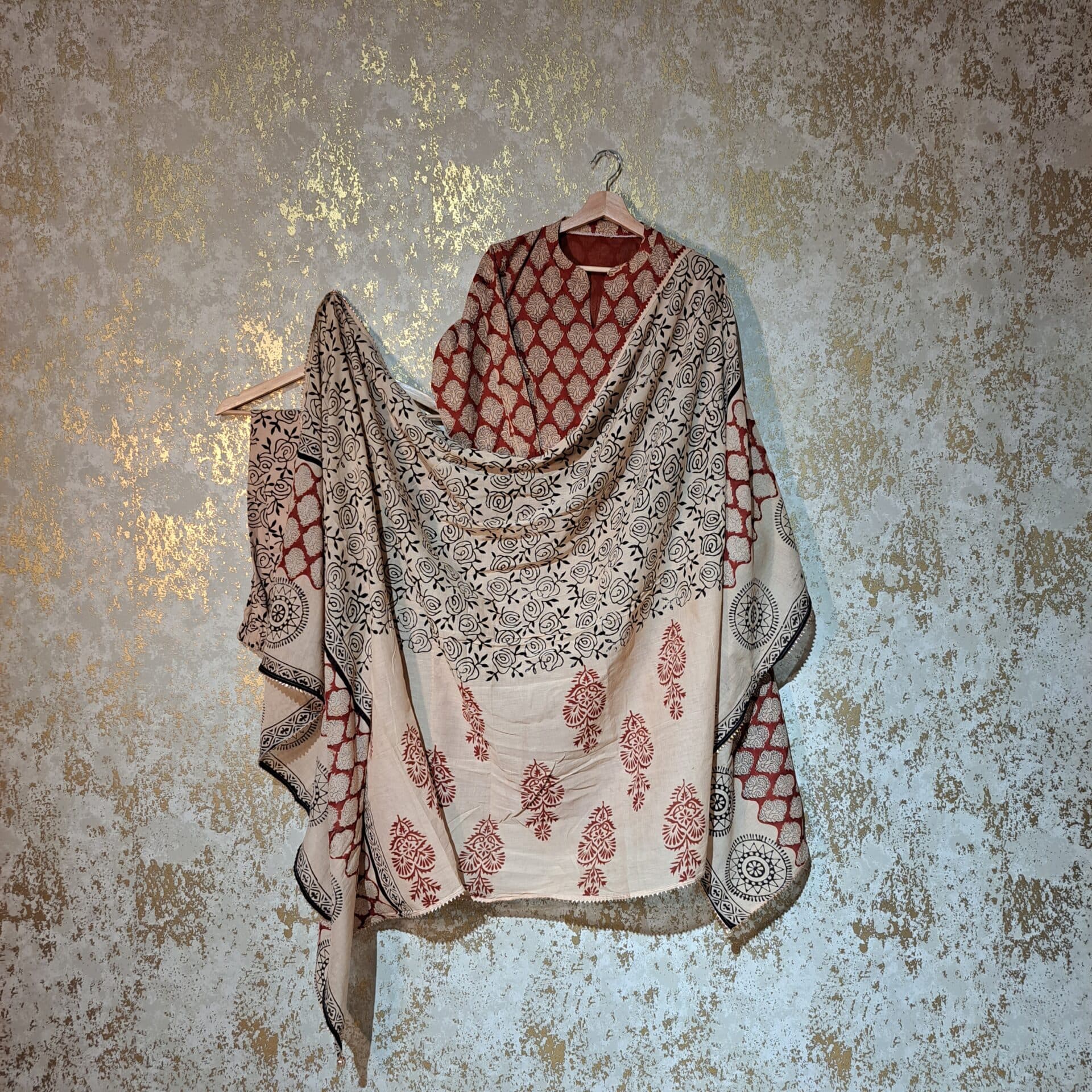 Designer Maroon Beige Floral Block Printed Pure Cotton Casual Trouser Suit with Dupatta Dresses