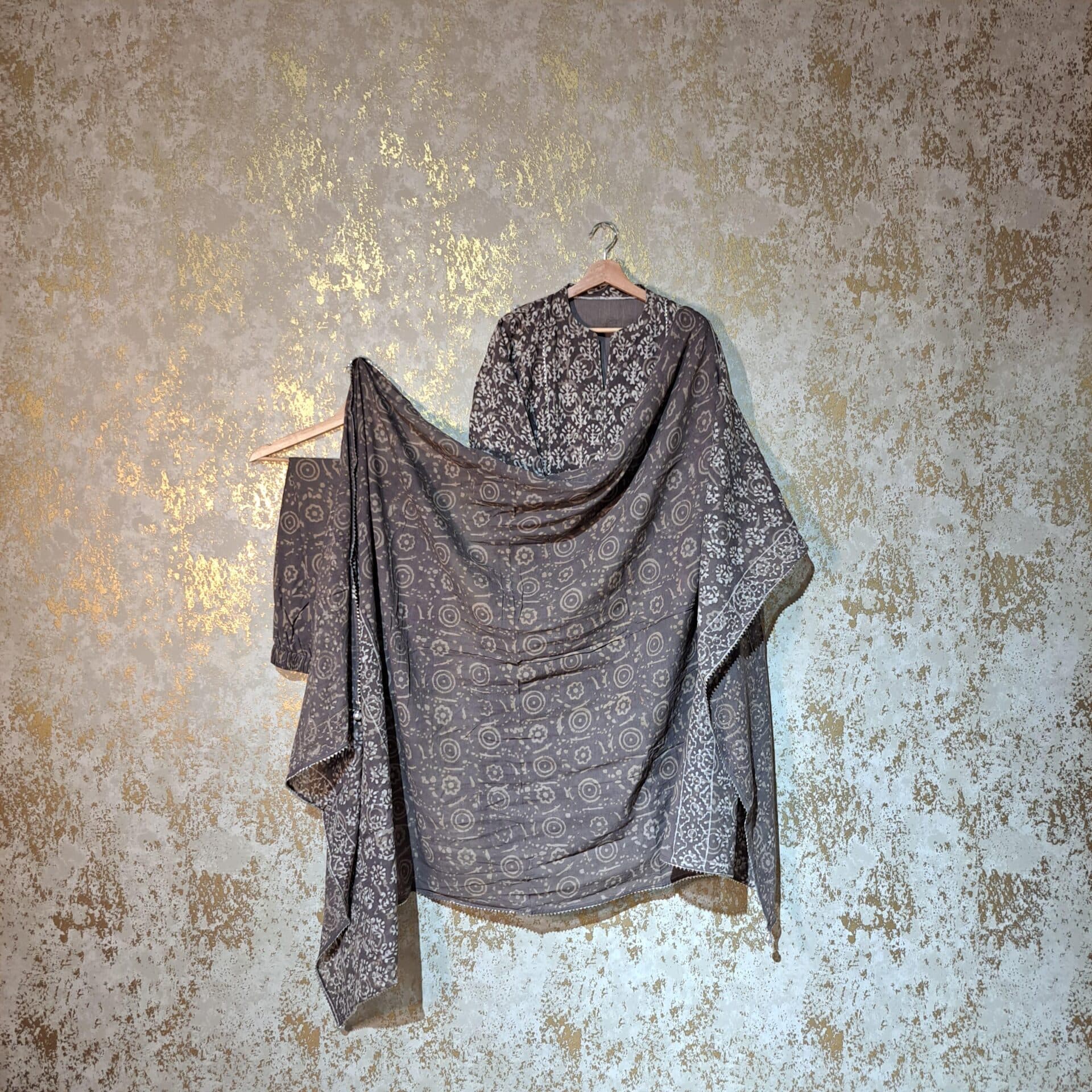 Designer Grey Block Printed Pure Cotton Casual Trouser Punjabi Suit with Dupatta Dresses