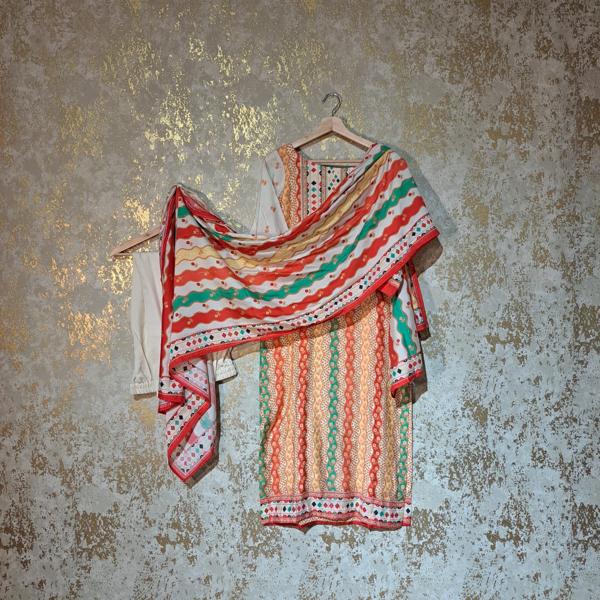 Off White Red Printed Pure Cotton Casual Trouser Suit with Dupatta Dresses