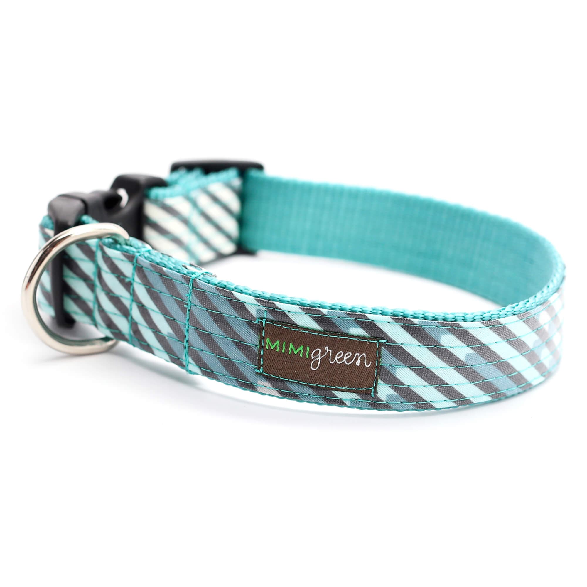 Blue Striped Laminated Cotton Dog Collar ‘Agave’