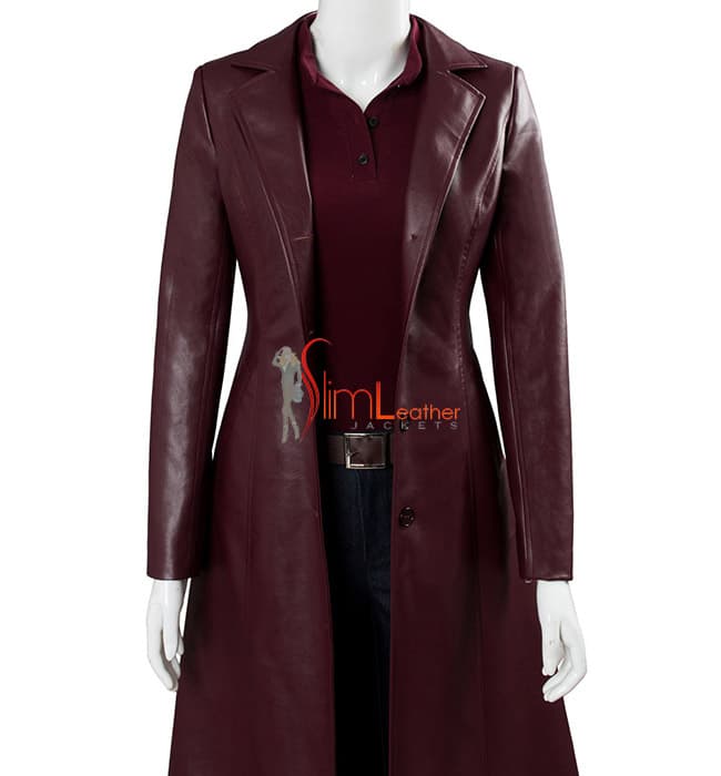 Dark Phoenix Sophie Turner Maroon Leather Long Coat thumbnail 4