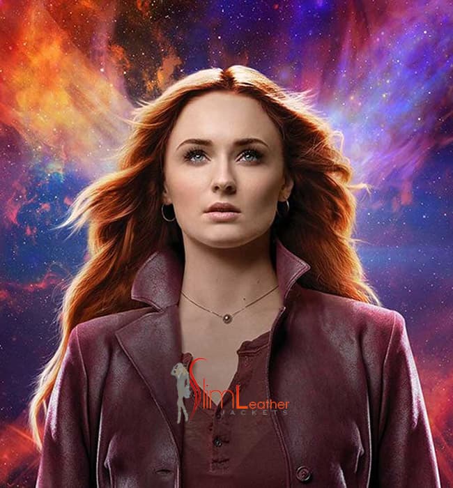Dark Phoenix Sophie Turner Maroon Leather Long Coat thumbnail 2