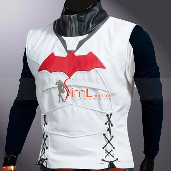 Batman Arkham Red Black Hoodied Leather Jacket And Vest thumbnail 2