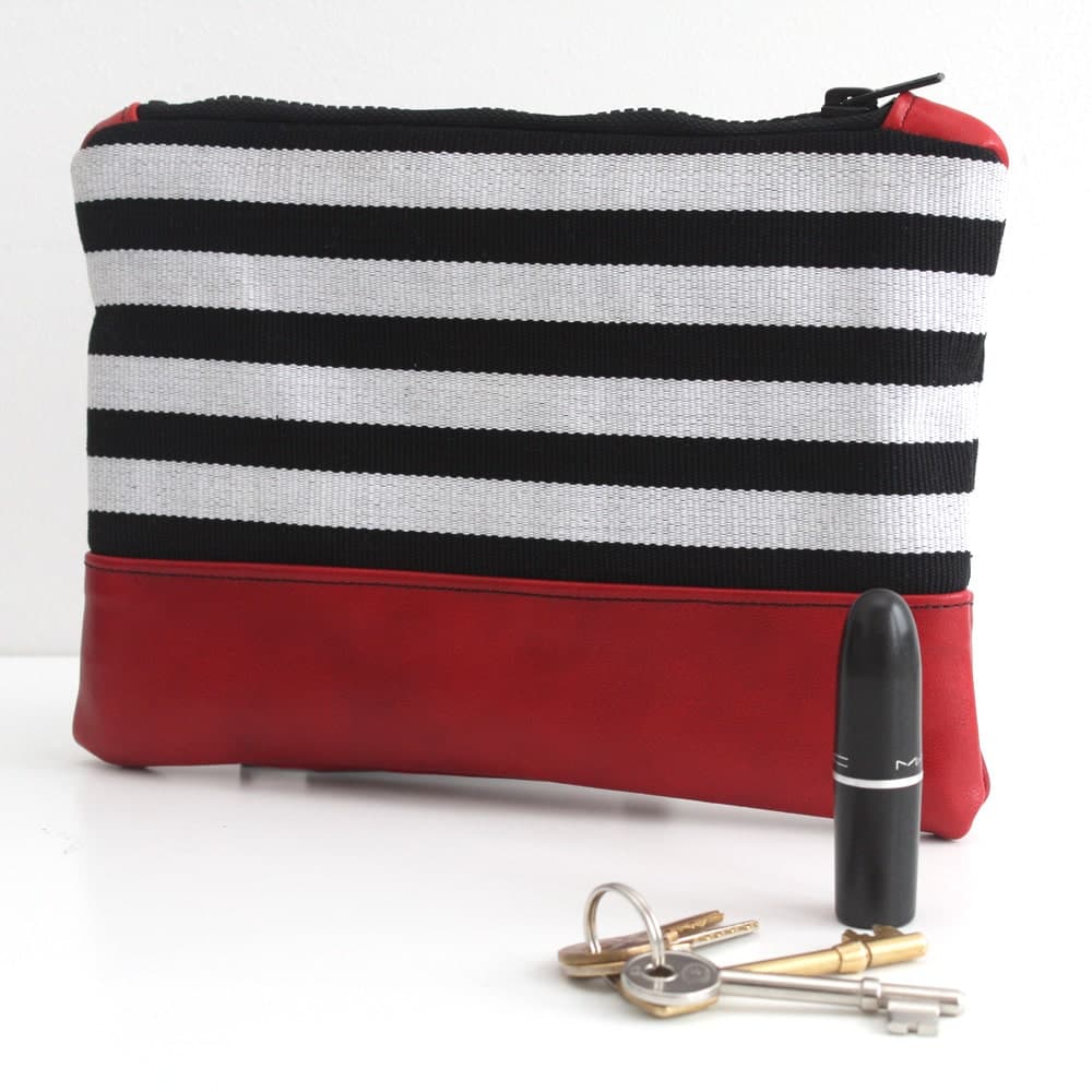 Black and White striped clutch purse, Aso-oke and Leather pouch