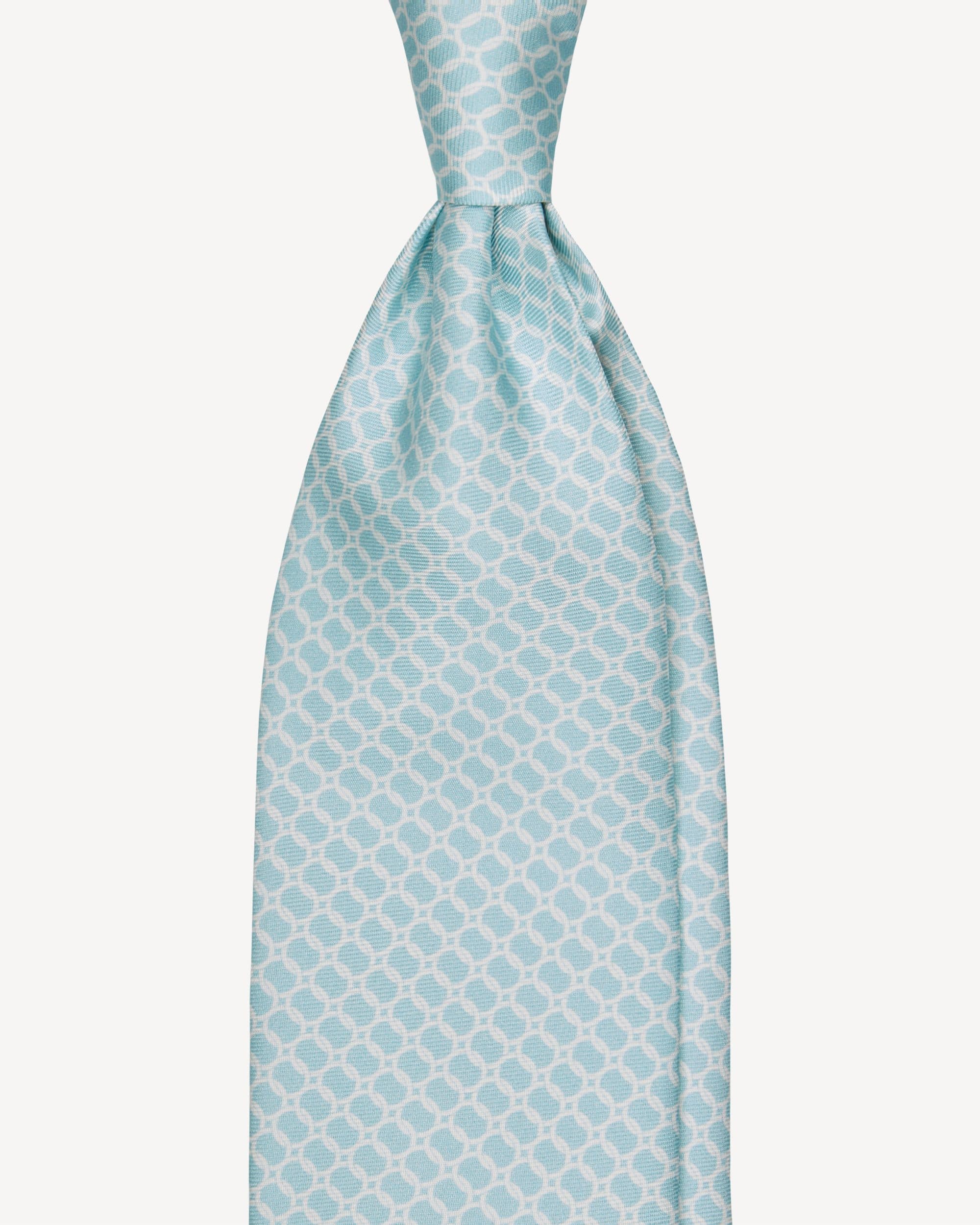Chain Circle Handprinted Selftipped silk tie – Menthol/White