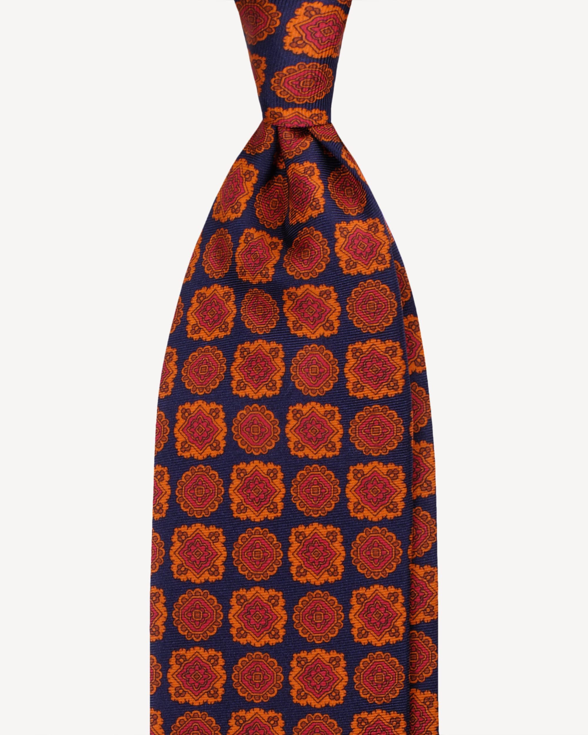 Diamond Floral Handprinted Selftipped silk tie – Navy Mix