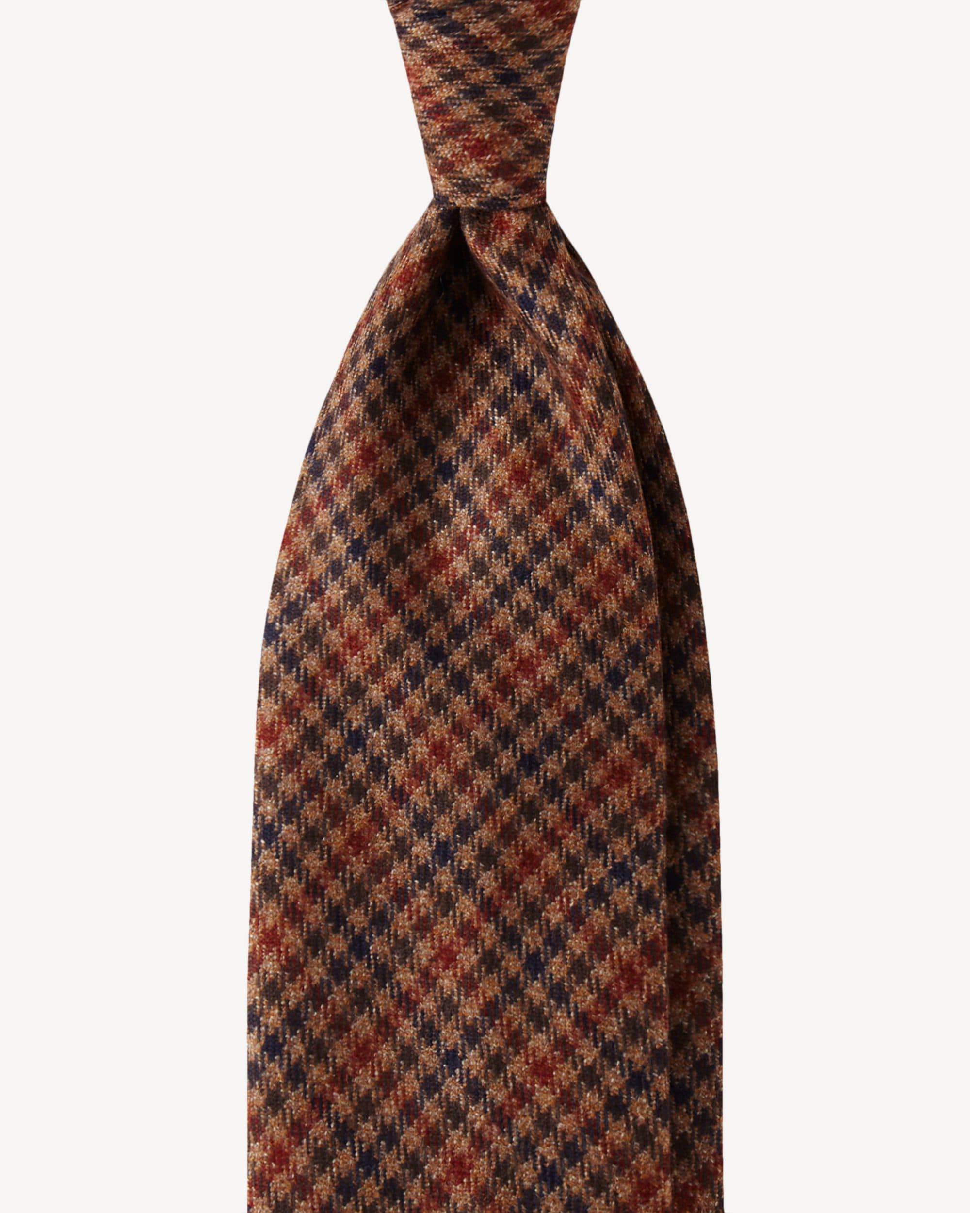 Check Pattern Handrolled 100% Cashmere Tie – Brown Mix