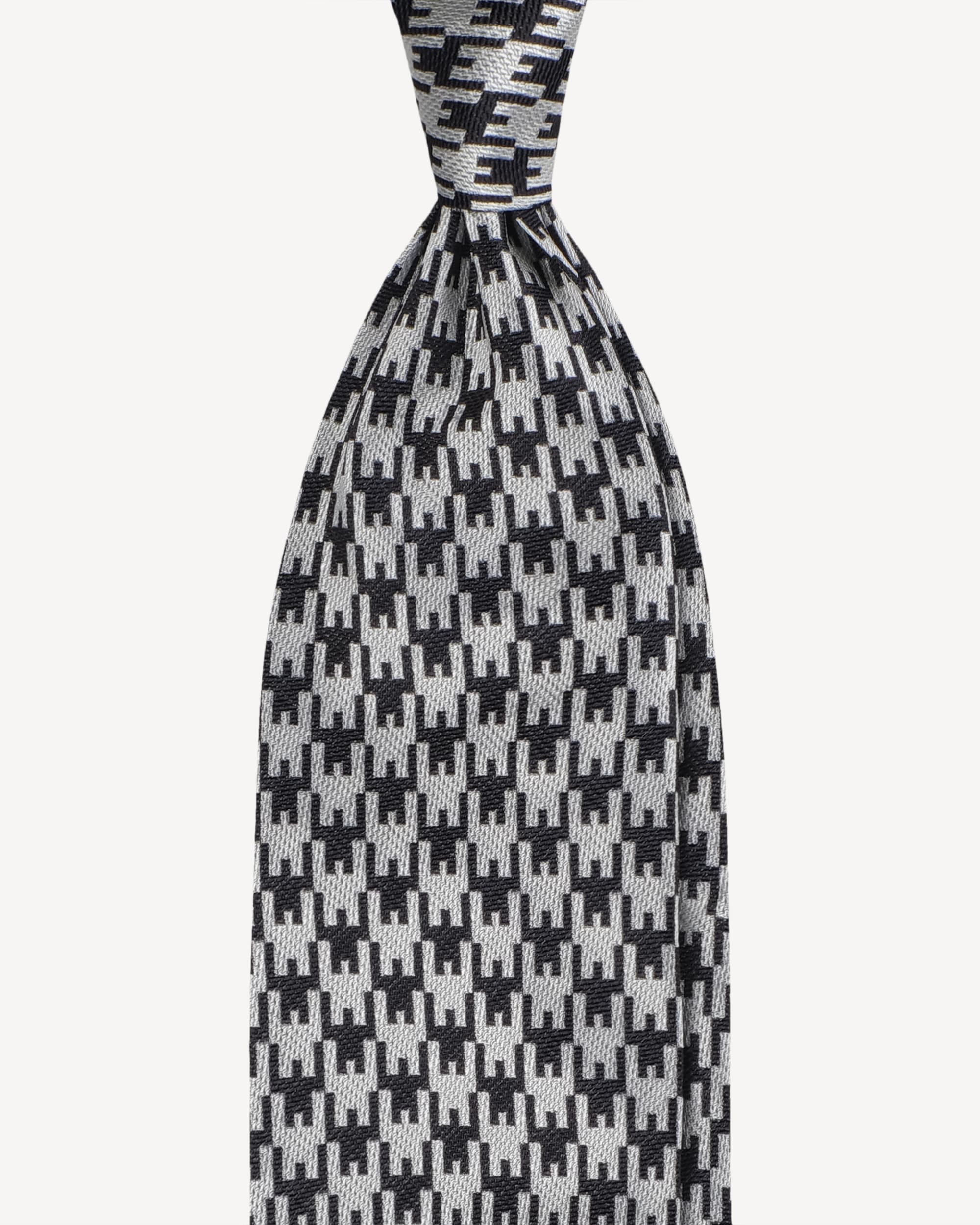 Dog Tooth Handrolled Woven Silk Jacquard Tie – Navy/Bianco