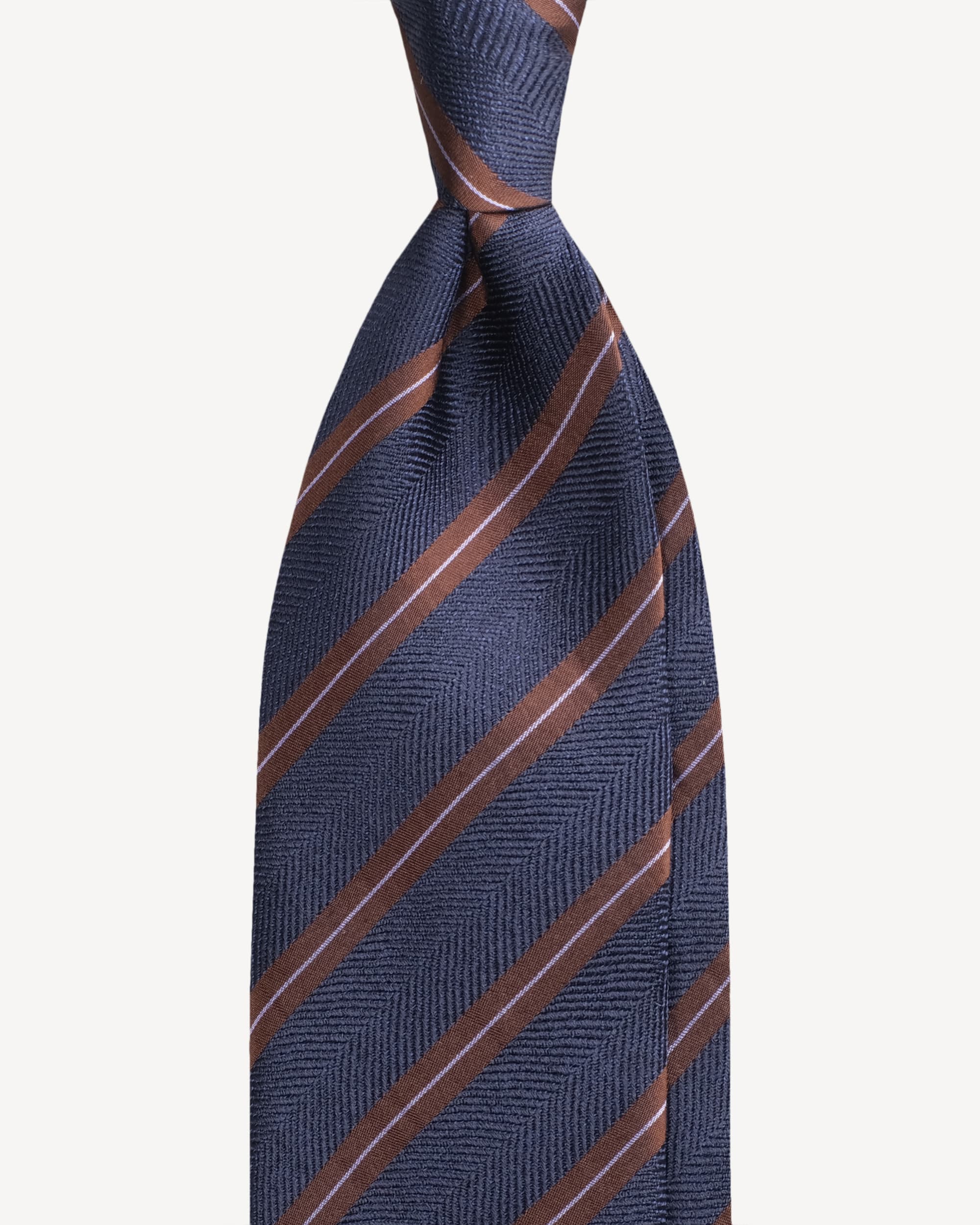 Stripe Handrolled Woven Silk Jacquard Tie – Navy Brown