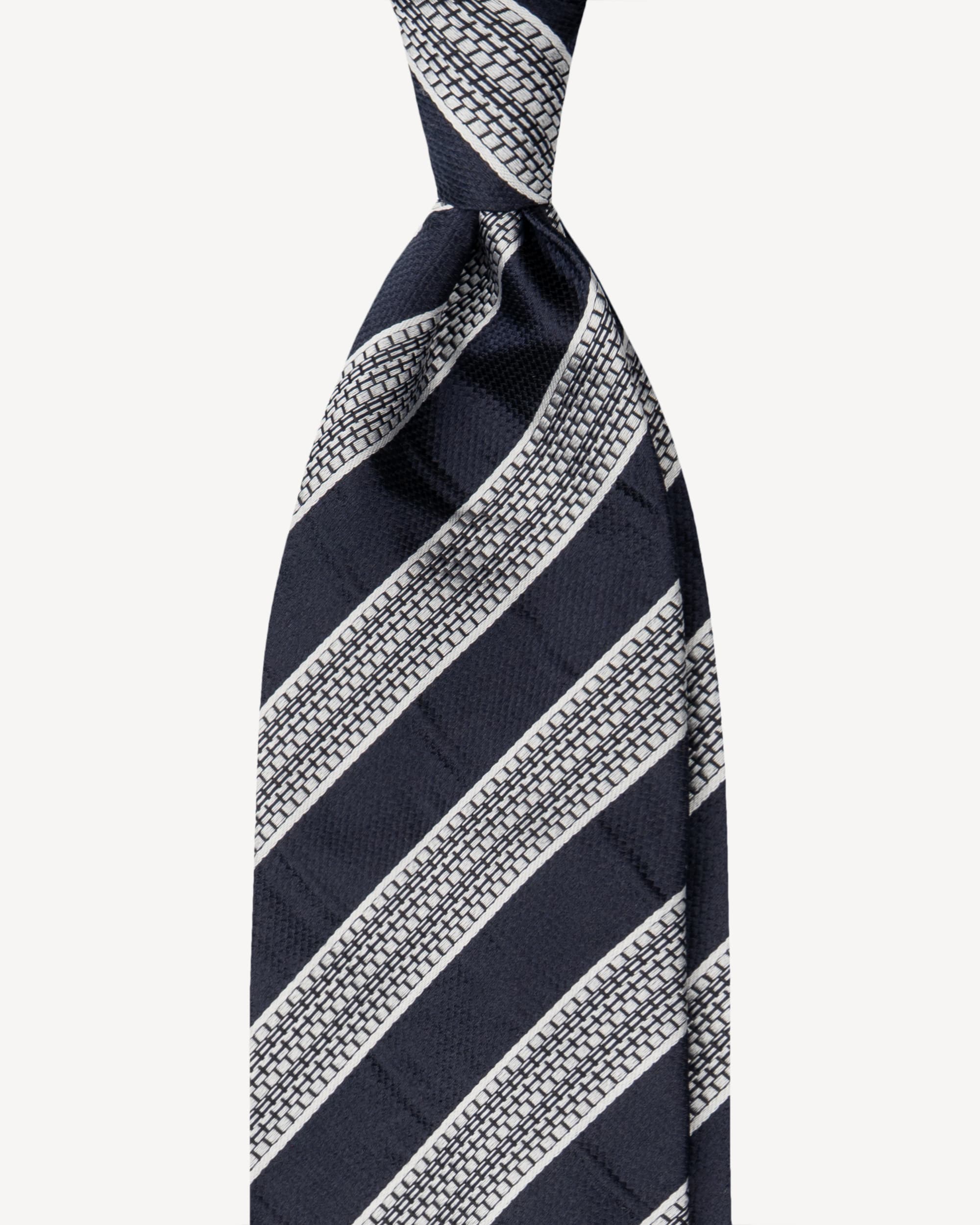 Mix Stripe Handrolled Woven Silk Jacquard Tie – Navy/White Mix