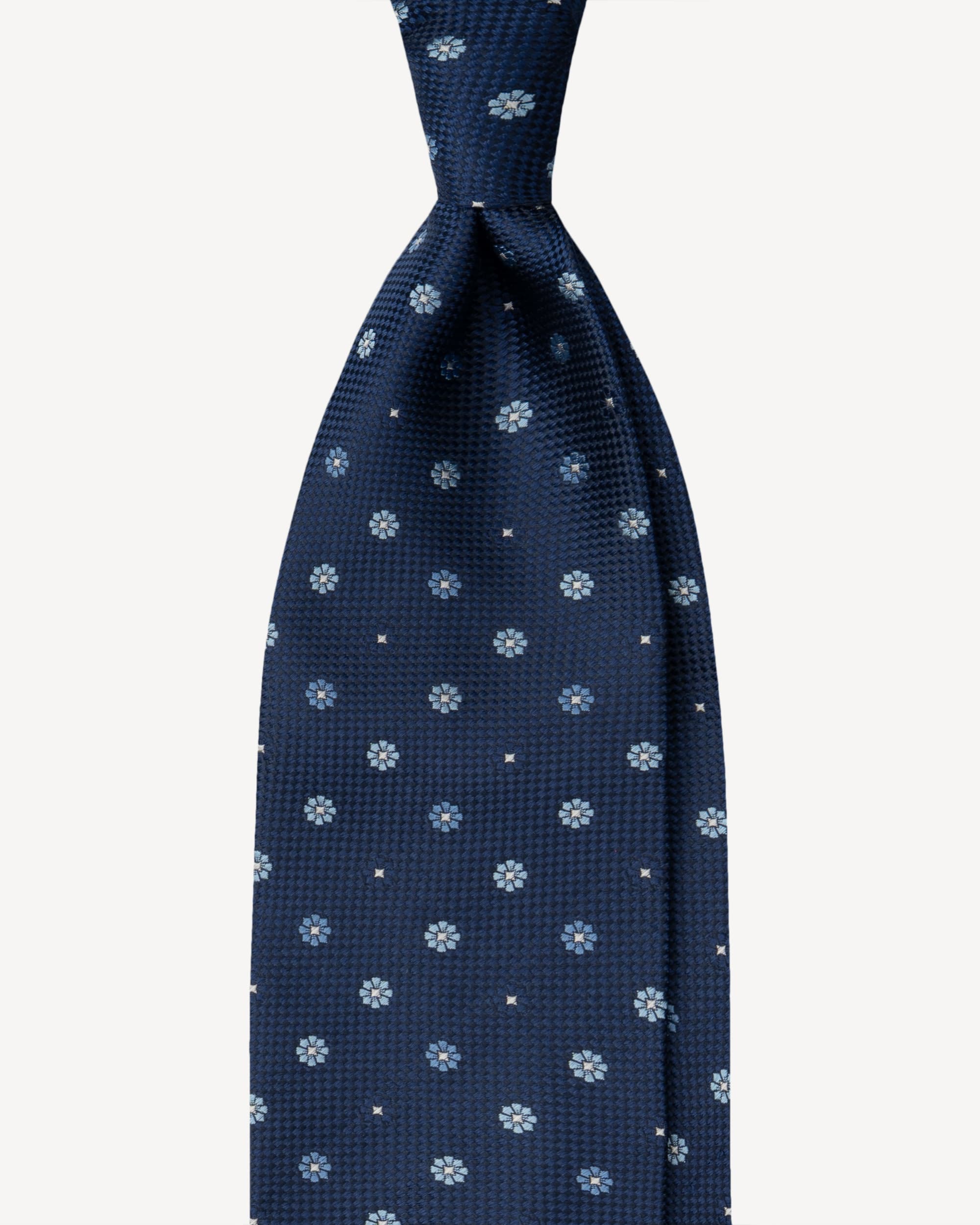 Floral Pattern Handrolled Woven Silk Jacquard Tie – Navy