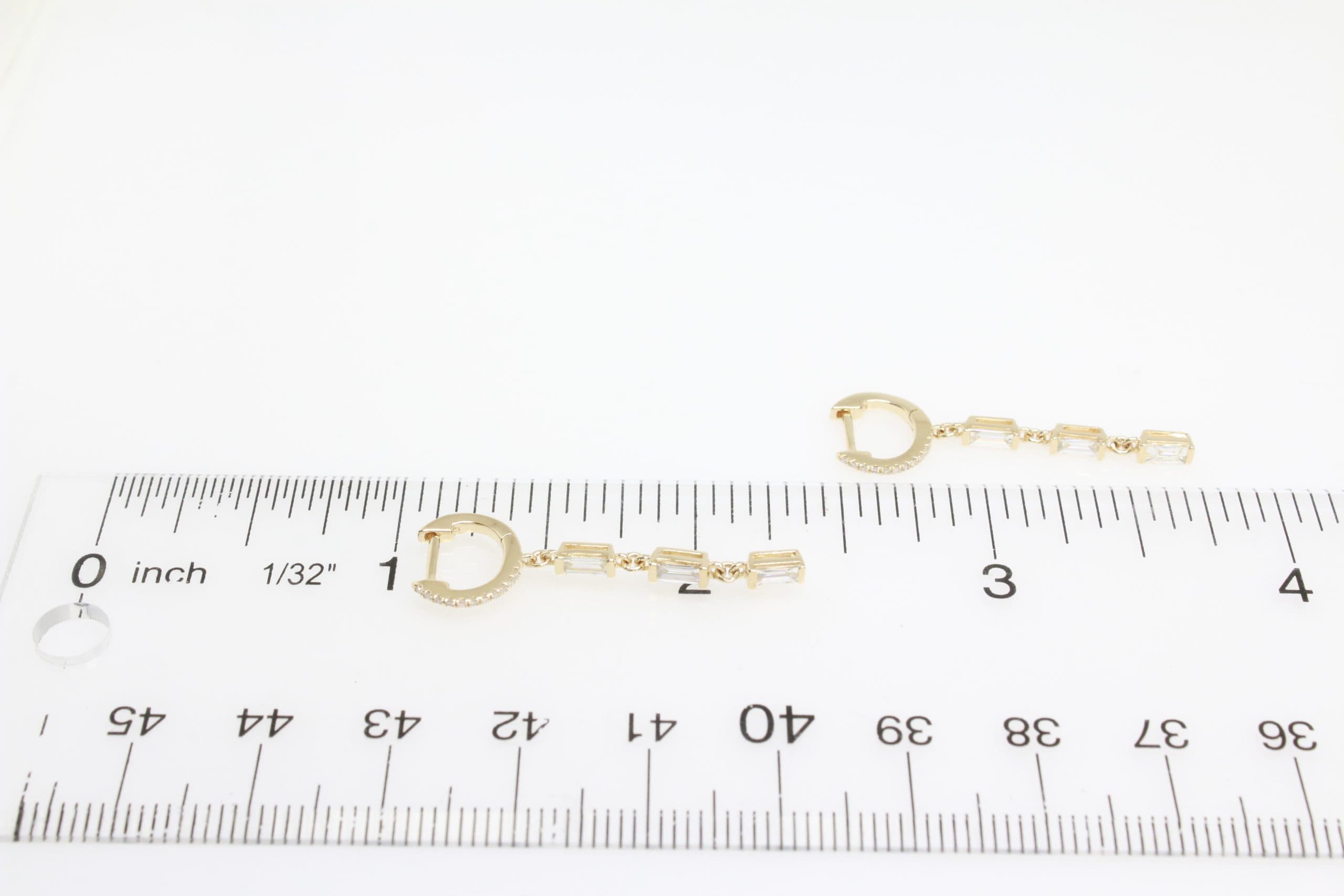 14 Karat Gold & Diamond Baguette Drop Huggie Earrings thumbnail 3