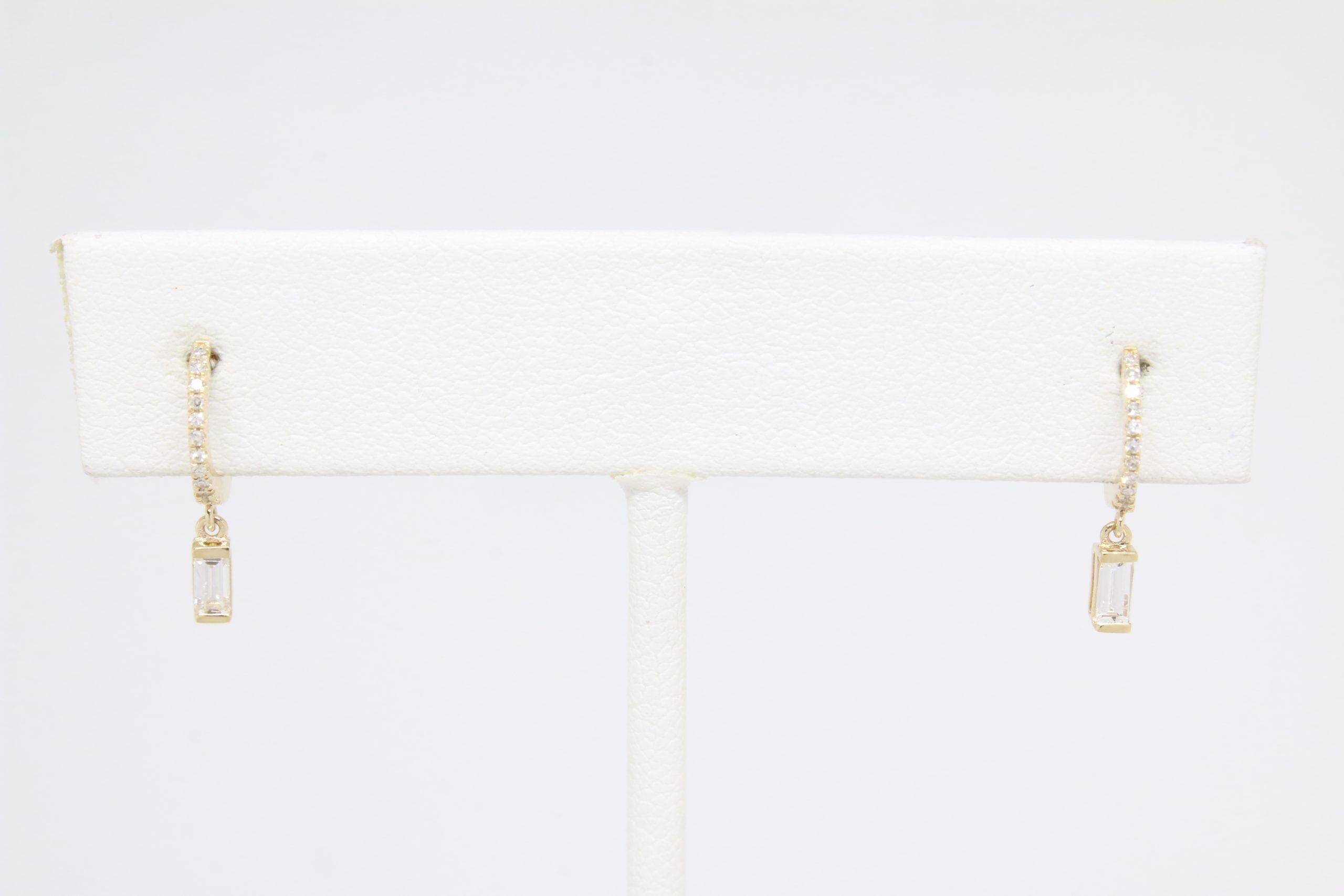 14 Karat Gold & Diamond 9.75mm Baguette Dangle Huggie Earrings thumbnail 3