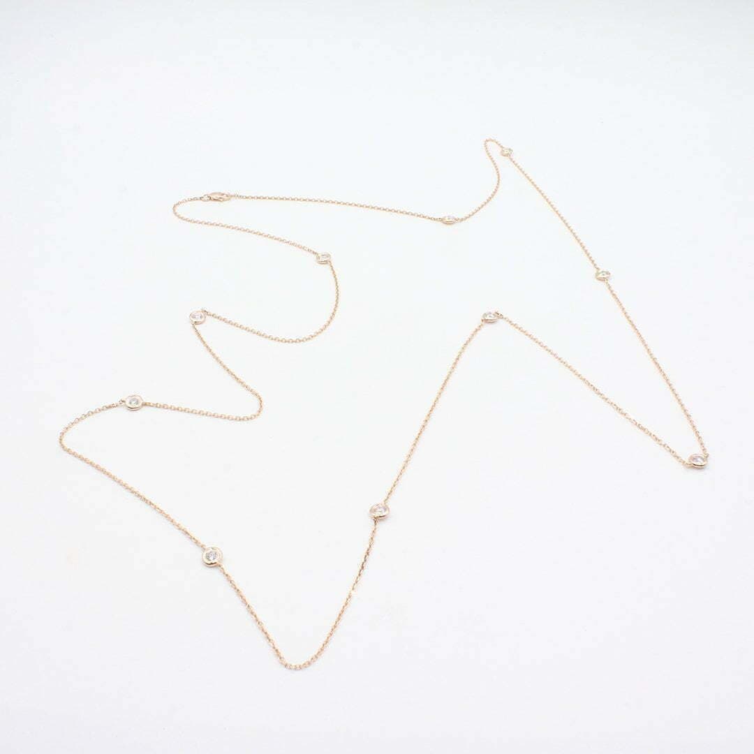 14 Karat Gold, 36″ Diamond By the Yard Necklace Containing 9 Bezel Set Round Cut Diamonds 1.00 Carats. thumbnail 3