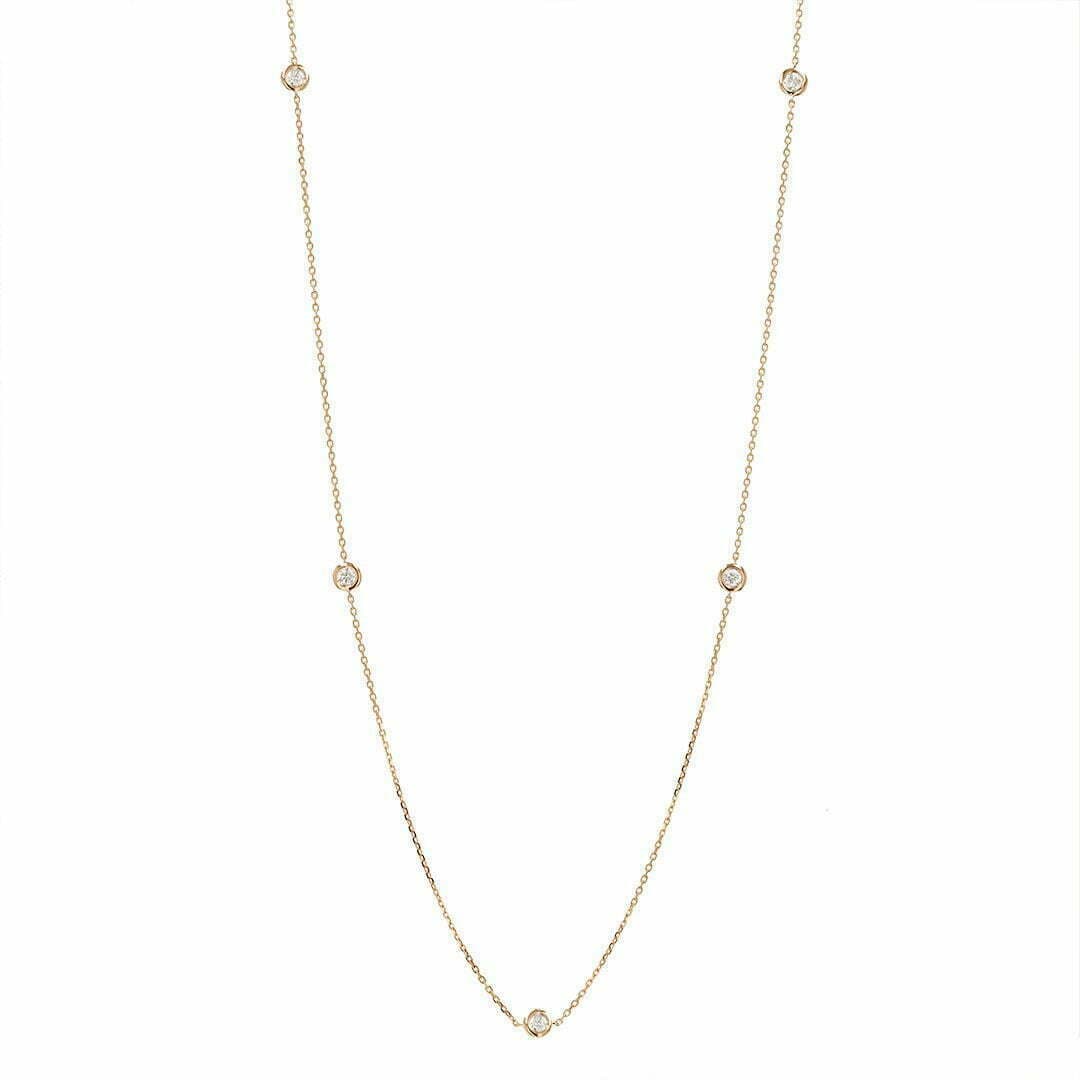 14 Karat Gold, 36″ Diamond By the Yard Necklace Containing 9 Bezel Set Round Cut Diamonds 1.00 Carats.